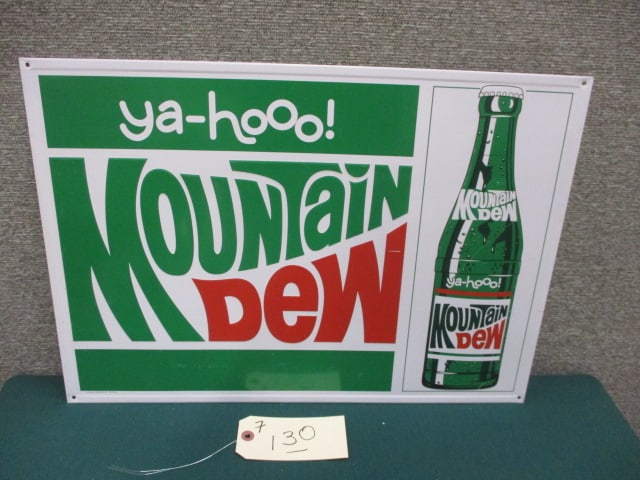 Stamped Tin Mountain Dew Sign: 21.5"W x 15"T