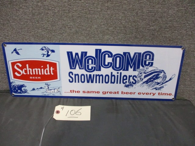 Aluminum Schmidt Welcome Snowmobilers Sign: 24"W x 8"T