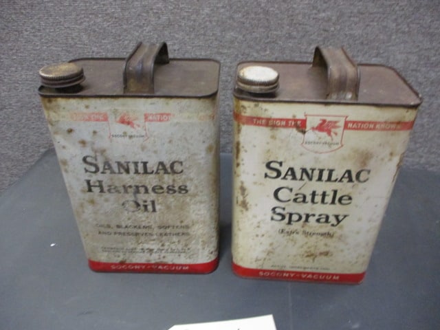 Socony Cattle Spray & Harness Oil Cans: each 7"W x 11"T
