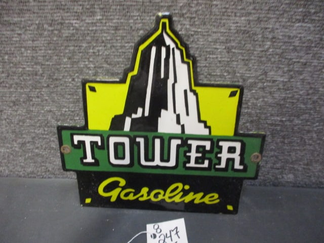 Porcelain Tower Gasoline Sign: 8"W x 8"T