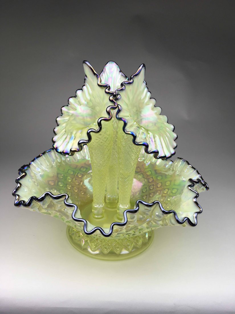 Yellow/Blue Iridescent Fenton Epergne (1 of 4)