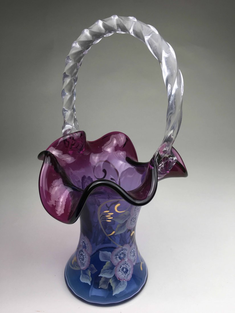 Fenton "Plum Blossoms" Basket: This Fenton Basket is called the "Plum Blossoms" Basket and is part of the 2000 Connoisseur Collection. Numbered 1555/1950, is also marked Fenton and is signed by the artist10x5x5