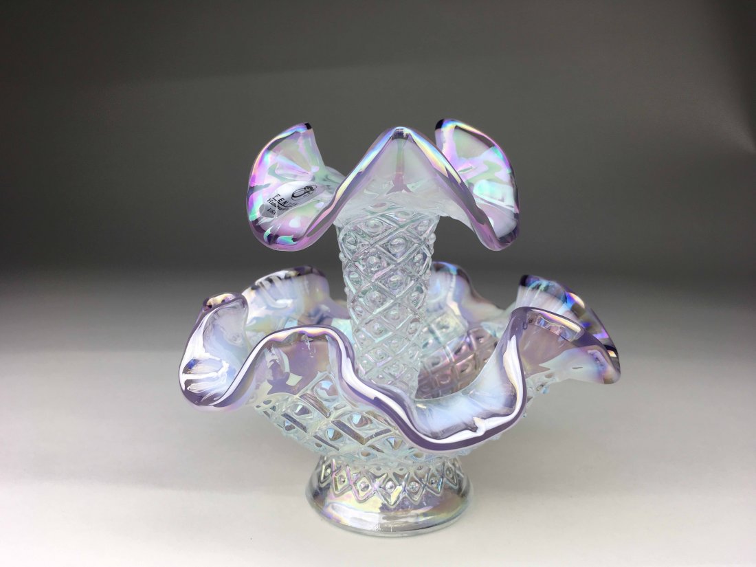 Fenton Iridescent Epergne: This Fenton Epergne is miniature in size with a fluted bowl and center piece. Is a purple and iridescent color and is marked Fenton. (5x5x5)