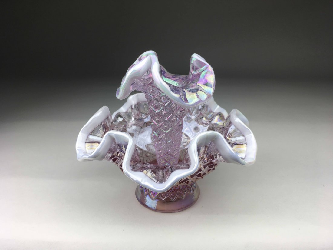 Fenton Miniature Epergne: This Fenton Epergne is purple in color with a light purple brim and a lattice pattern. Is marked Fenton with original Fenton price tag. (5x5x5)