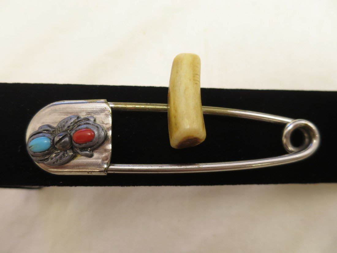 Large saftey pin keychain with turquoise and coral: Large saftey pin keychain with turquoise and coral stones and bone.