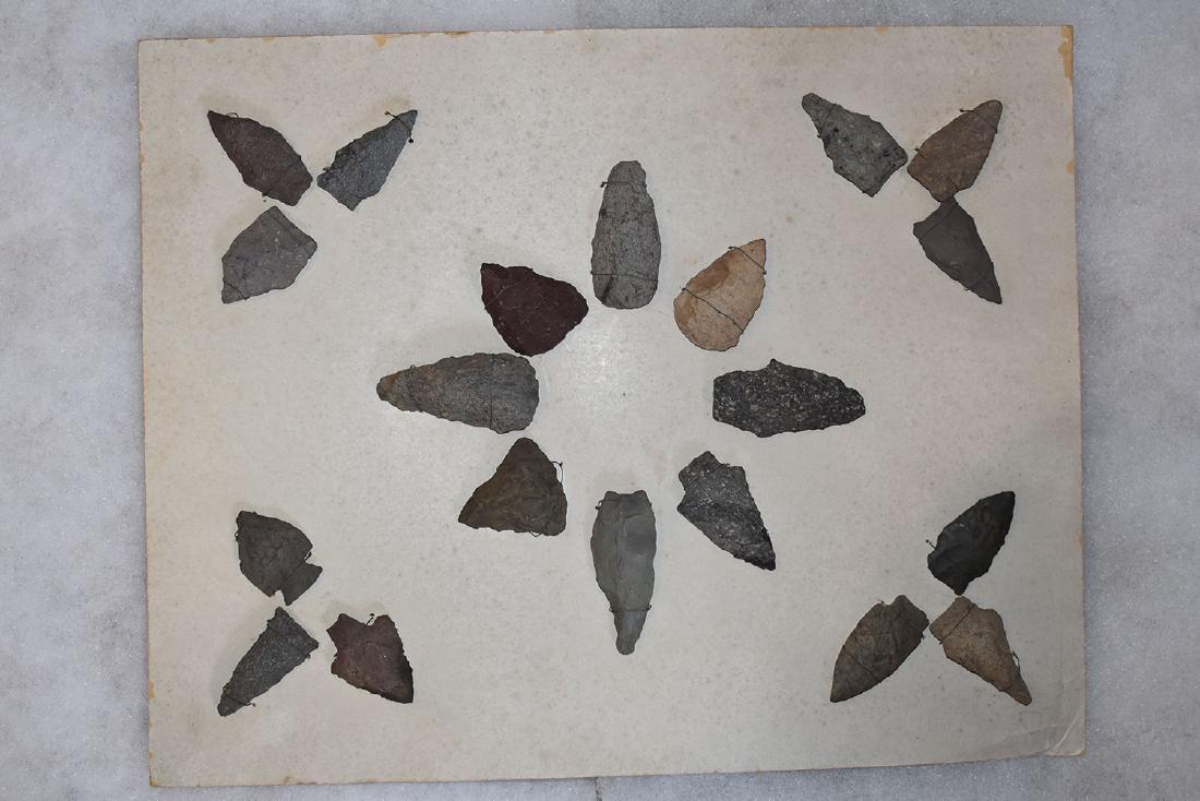 Bank Window lot of New England Arrowheads: This is a frame of arrowheads that was displayed in the early 1900's in the bank window of the Boston Federal Way in Boston MA. The cardboard frame and wired arrowheads makes a nice display. The cardb
