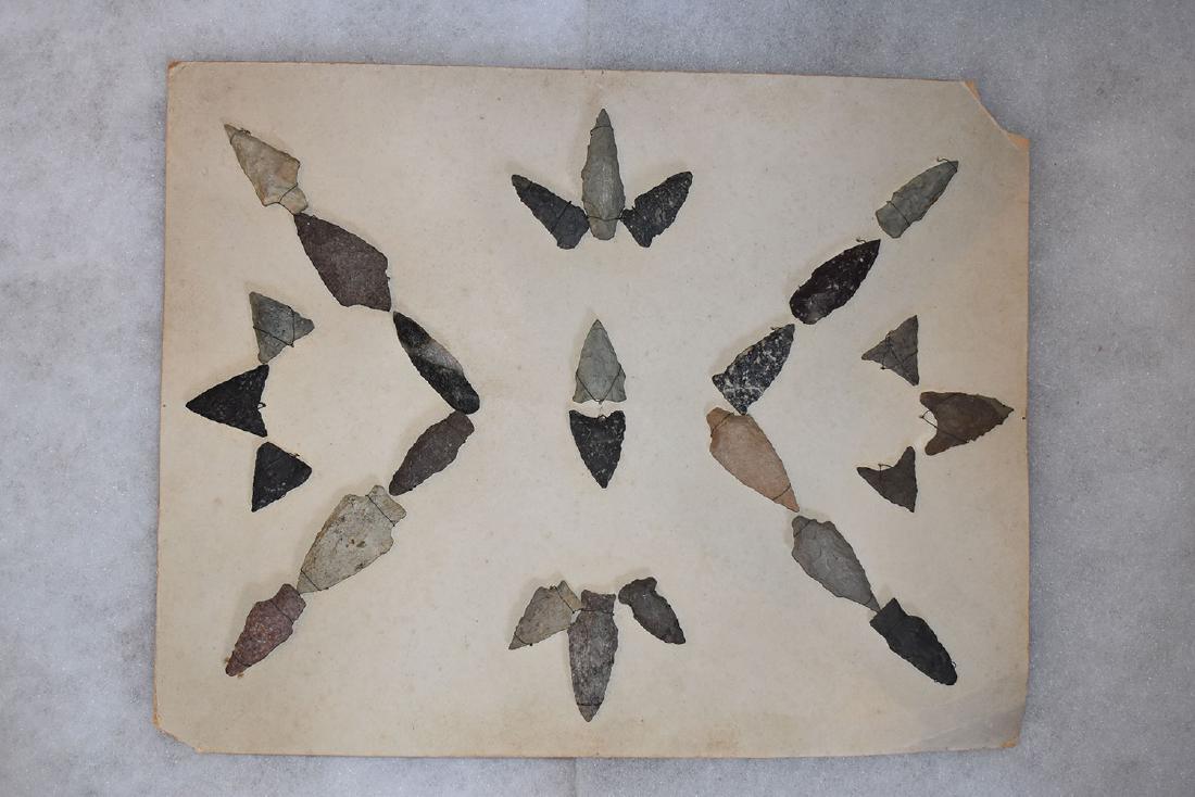 11x14" Bank Window lot of New England Arrowheads: This is a frame of arrowheads that was displayed in the early 1900's in the bank window of the Boston Federal Way in Boston MA. The cardboard frame and wired arrowheads makes a nice display. The cardb