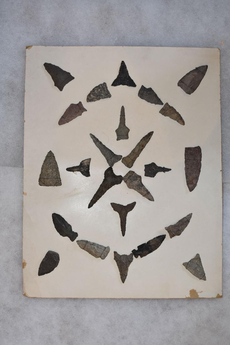 Bank Window lot of New England Arrowheads: This is a frame of arrowheads that was displayed in the early 1900's in the bank window of the Boston Federal Way in Boston MA. The cardboard frame and wired arrowheads makes a nice display. The cardb