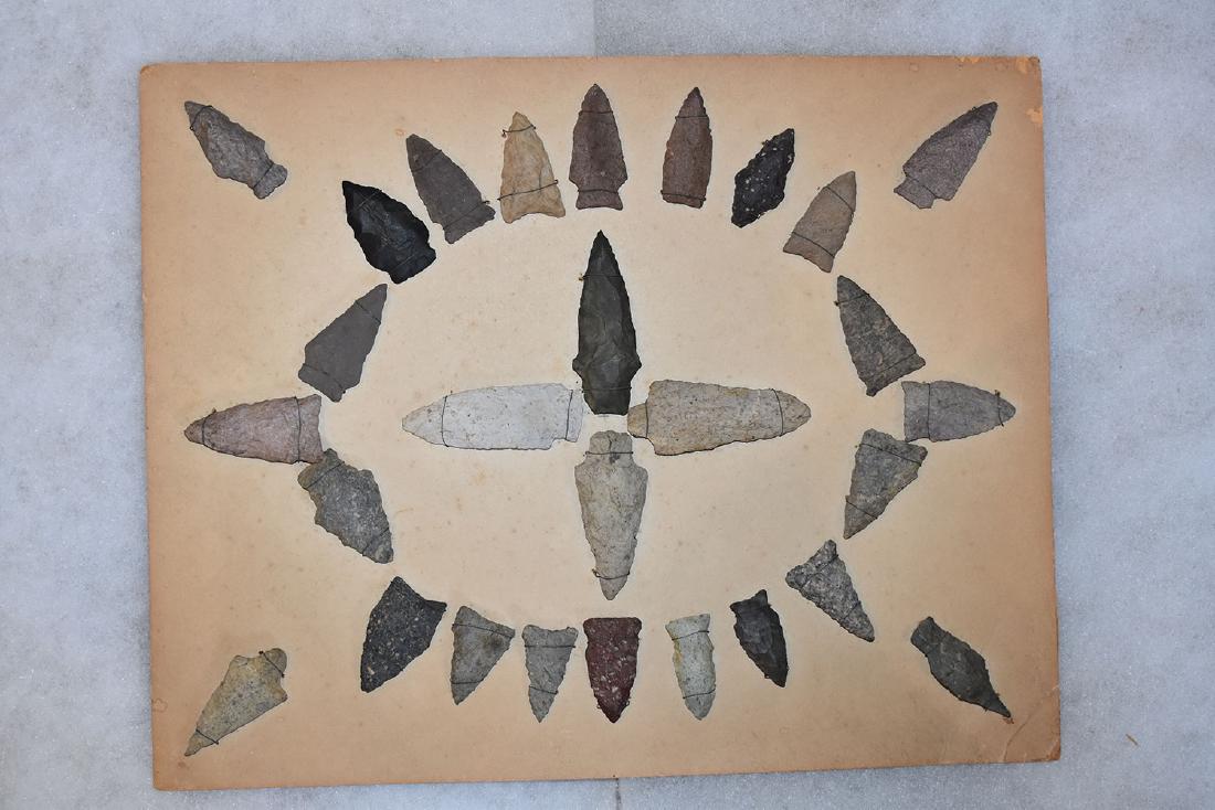 Bank Window lot of New England Arrowheads: This is a frame of arrowheads that was displayed in the early 1900's in the bank window of the Boston Federal Way in Boston MA. The cardboard frame and wired arrowheads makes a nice display. The cardb