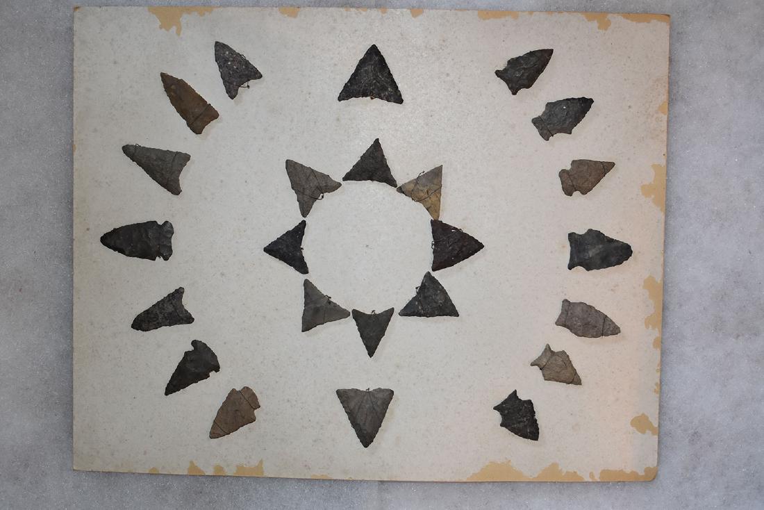 Bank Window lot of New England Arrowheads: This is a frame of arrowheads that was displayed in the early 1900's in the bank window of the Boston Federal Way in Boston MA. The cardboard frame and wired arrowheads makes a nice display. The cardb