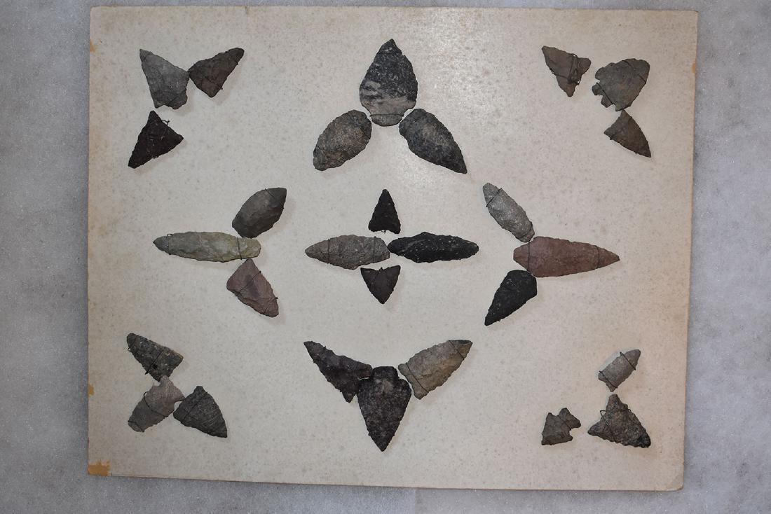 Bank Window lot of New England Arrowheads: This is a frame of arrowheads that was displayed in the early 1900's in the bank window of the Boston Federal Way in Boston MA. The cardboard frame and wired arrowheads makes a nice display. The cardb