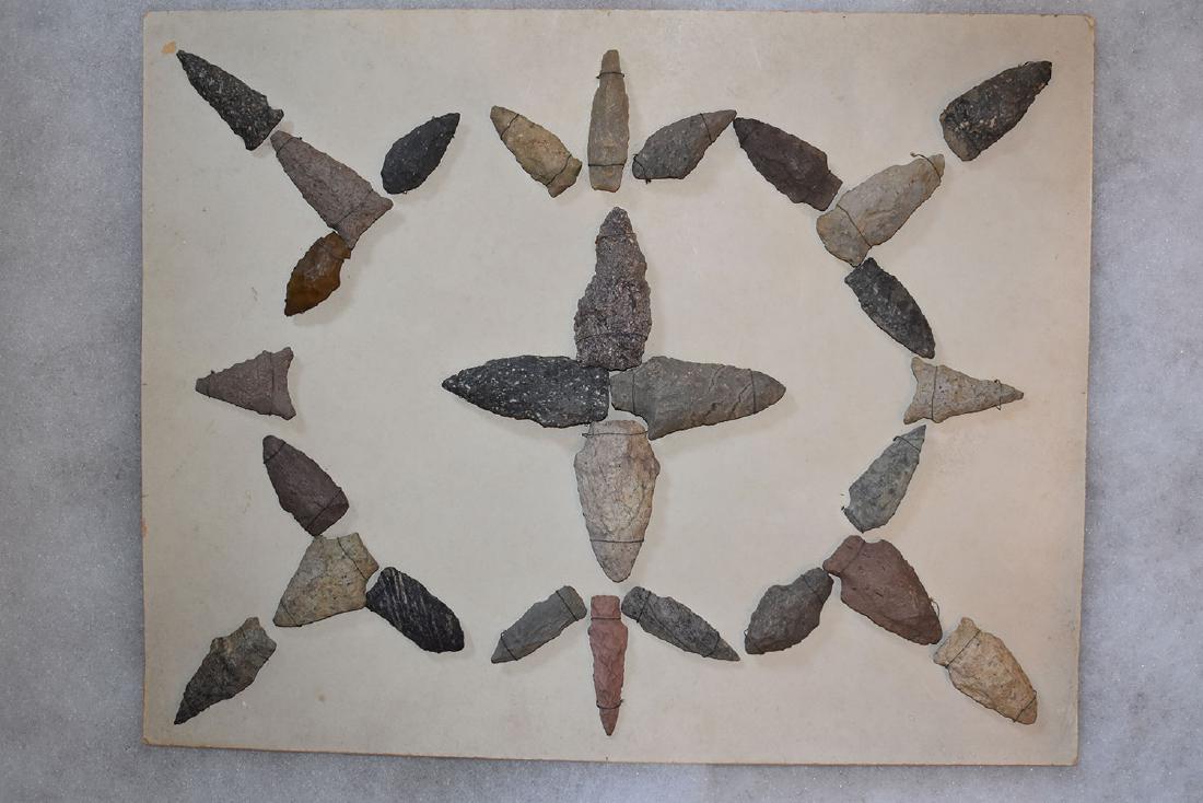 Bank Window lot of New England Arrowheads: This is a frame of arrowheads that was displayed in the early 1900's in the bank window of the Boston Federal Way in Boston MA. The cardboard frame and wired arrowheads makes a nice display. The cardb