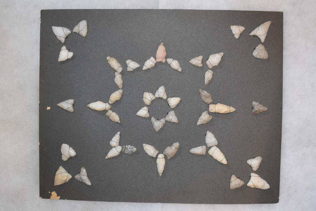 Bank Window lot of New England Arrowheads: This is a frame of arrowheads that was displayed in the early 1900's in the bank window of the Boston Federal Way in Boston MA. The cardboard frame and wired arrowheads makes a nice display. The cardb