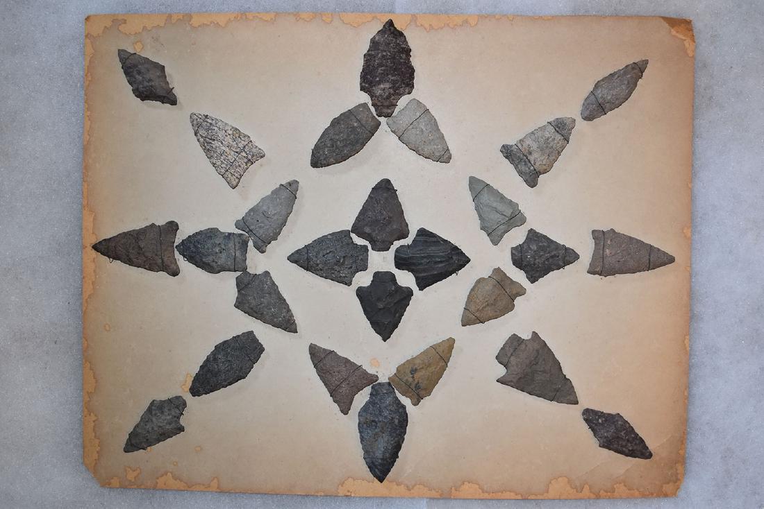 Bank Window lot of New England Arrowheads: This is a frame of arrowheads that was displayed in the early 1900's in the bank window of the Boston Federal Way in Boston MA. The cardboard frame and wired arrowheads makes a nice display. The cardb