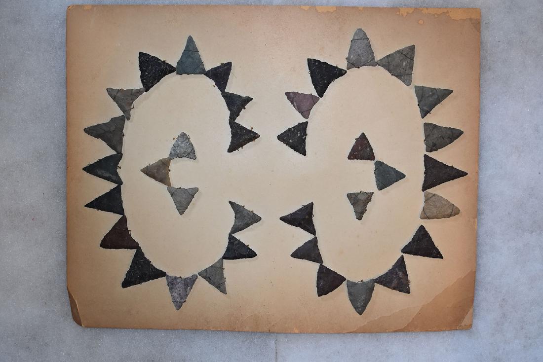 Bank Window lot of New England Arrowheads: This is a frame of arrowheads that was displayed in the early 1900's in the bank window of the Boston Federal Way in Boston MA. The cardboard frame and wired arrowheads makes a nice display. The cardb