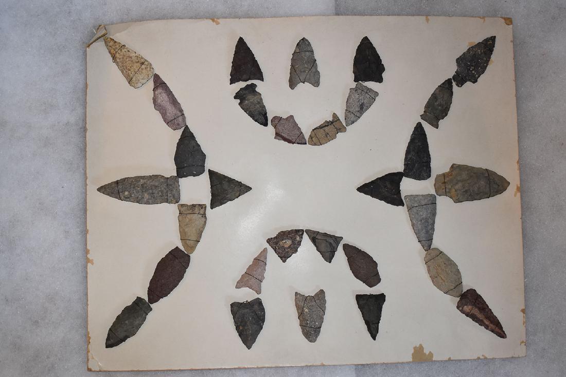 Bank Window lot of New England Arrowheads: This is a frame of arrowheads that was displayed in the early 1900's in the bank window of the Boston Federal Way in Boston MA. The cardboard frame and wired arrowheads makes a nice display. The cardb