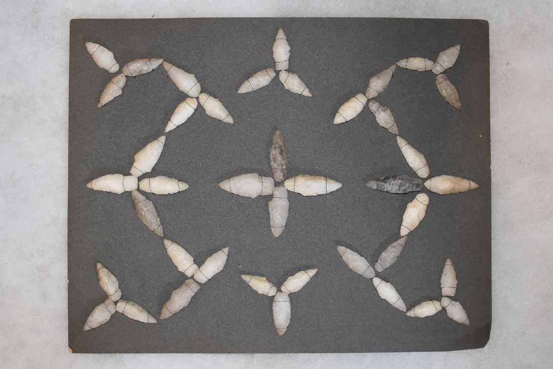 Bank Window lot of New England Arrowheads: This is a frame of arrowheads that was displayed in the early 1900's in the bank window of the Boston Federal Way in Boston MA. The cardboard frame and wired arrowheads makes a nice display. The cardb