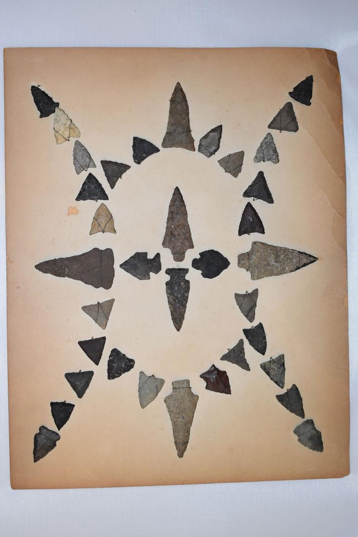 Bank Window lot of New England Arrowheads: This is a frame of arrowheads that was displayed in the early 1900's in the bank window of the Boston Federal Way in Boston MA. The cardboard frame and wired arrowheads makes a nice display. The cardb