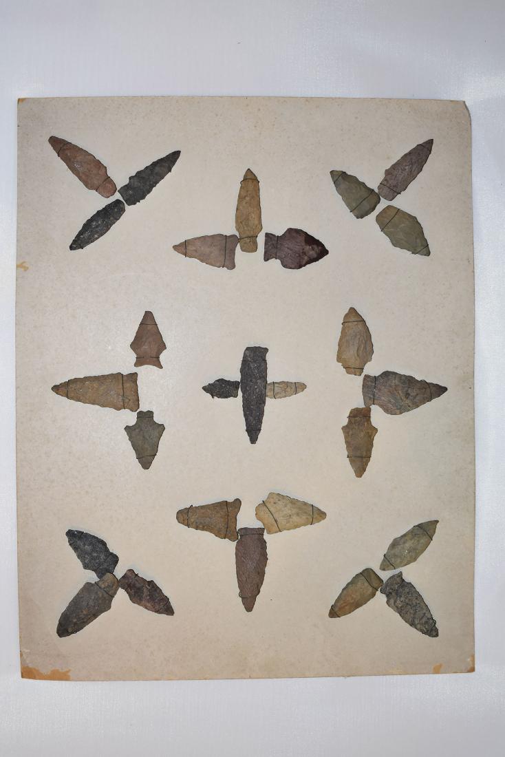 Bank Window lot of New England Arrowheads: This is a frame of arrowheads that was displayed in the early 1900's in the bank window of the Boston Federal Way in Boston MA. The cardboard frame and wired arrowheads makes a nice display. The cardb