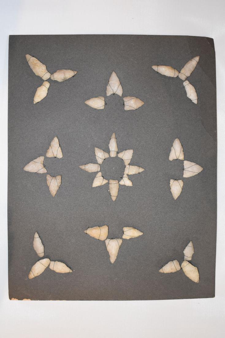 Bank Window lot of New England Arrowheads: This is a frame of arrowheads that was displayed in the early 1900's in the bank window of the Boston Federal Way in Boston MA. The cardboard frame and wired arrowheads makes a nice display. The cardb