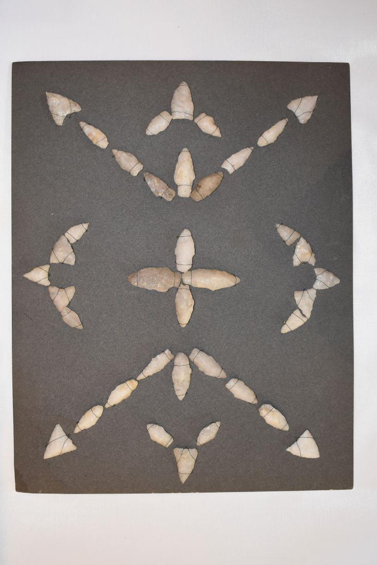 Bank Window lot of New England Arrowheads: This is a frame of arrowheads that was displayed in the early 1900's in the bank window of the Boston Federal Way in Boston MA. The cardboard frame and wired arrowheads makes a nice display. The cardb