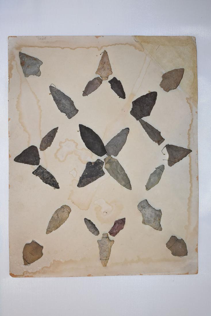 Bank Window lot of New England Arrowheads: This is a frame of arrowheads that was displayed in the early 1900's in the bank window of the Boston Federal Way in Boston MA. The cardboard frame and wired arrowheads makes a nice display. The cardb