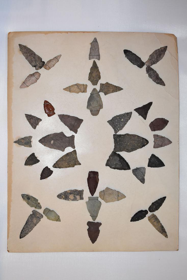 Bank Window lot of New England Arrowheads: This is a frame of arrowheads that was displayed in the early 1900's in the bank window of the Boston Federal Way in Boston MA. The cardboard frame and wired arrowheads makes a nice display. The cardb