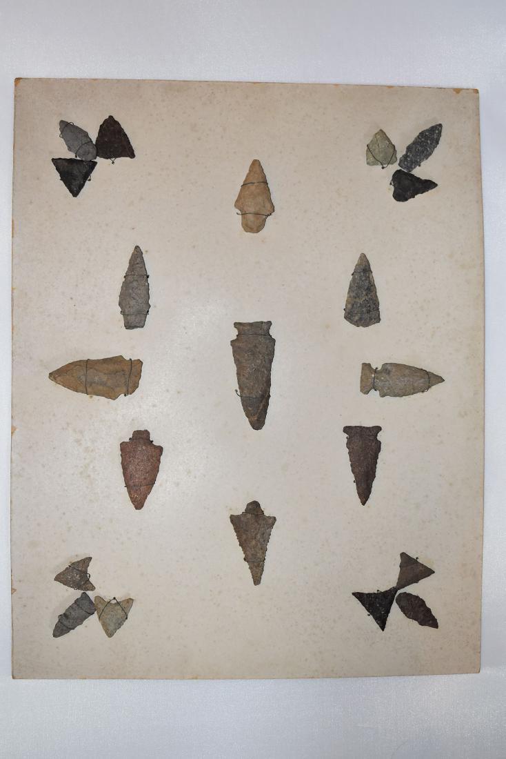 Bank Window lot of New England Arrowheads: This is a frame of arrowheads that was displayed in the early 1900's in the bank window of the Boston Federal Way in Boston MA. The cardboard frame and wired arrowheads makes a nice display. The cardb