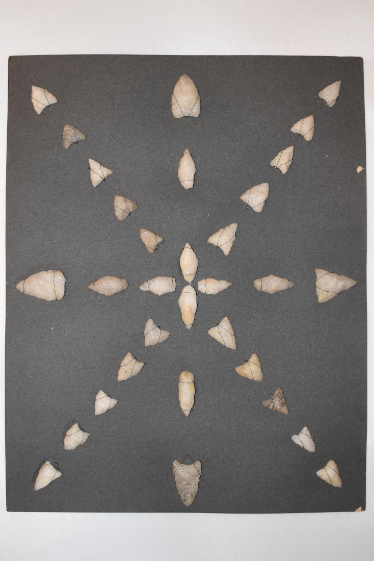 Bank Window lot of New England Arrowheads: This is a frame of arrowheads that was displayed in the early 1900's in the bank window of the Boston Federal Way in Boston MA. The cardboard frame and wired arrowheads makes a nice display. The cardb