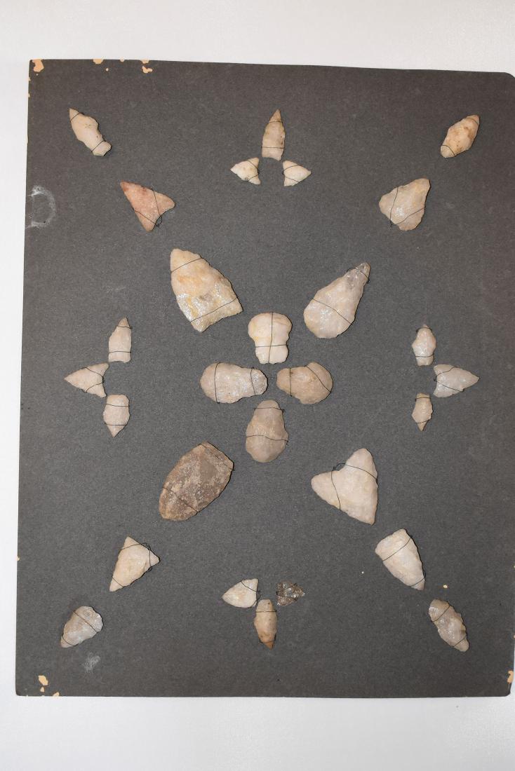 Bank Window lot of New England Arrowheads: This is a frame of arrowheads that was displayed in the early 1900's in the bank window of the Boston Federal Way in Boston MA. The cardboard frame and wired arrowheads makes a nice display. The cardb