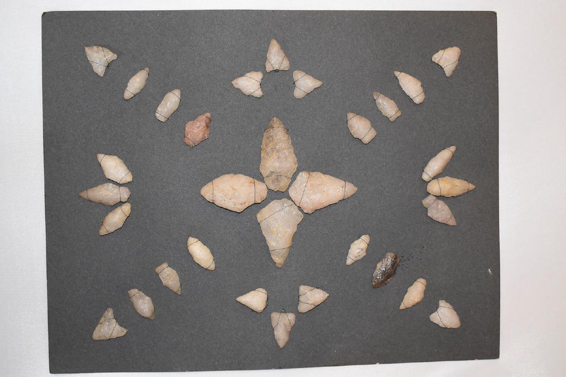Bank Window lot of New England Arrowheads: This is a frame of arrowheads that was displayed in the early 1900's in the bank window of the Boston Federal Way in Boston MA. The cardboard frame and wired arrowheads makes a nice display. The cardb