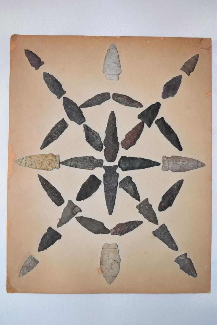 Bank Window lot of New England Arrowheads: This is a frame of arrowheads that was displayed in the early 1900's in the bank window of the Boston Federal Way in Boston MA. The cardboard frame and wired arrowheads makes a nice display. The cardb