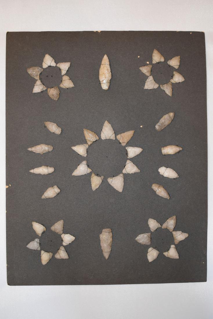 Bank Window lot of New England Arrowheads: This is a frame of arrowheads that was displayed in the early 1900's in the bank window of the Boston Federal Way in Boston MA. The cardboard frame and wired arrowheads makes a nice display. The cardb