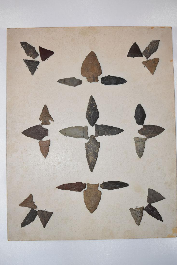 Bank Window lot of New England Arrowheads: This is a frame of arrowheads that was displayed in the early 1900's in the bank window of the Boston Federal Way in Boston MA. The cardboard frame and wired arrowheads makes a nice display. The cardb