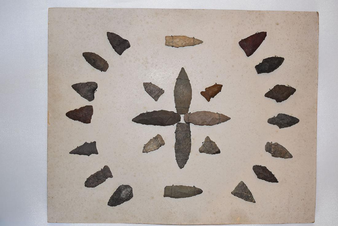 Bank Window lot of New England Arrowheads: This is a frame of arrowheads that was displayed in the early 1900's in the bank window of the Boston Federal Way in Boston MA. The cardboard frame and wired arrowheads makes a nice display. The cardb