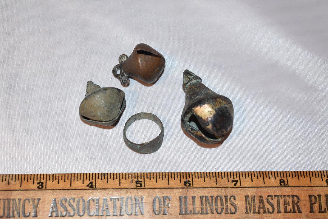 4 copper relics, 3 sleigh or hawk bells and a ring, New (1 of 1)