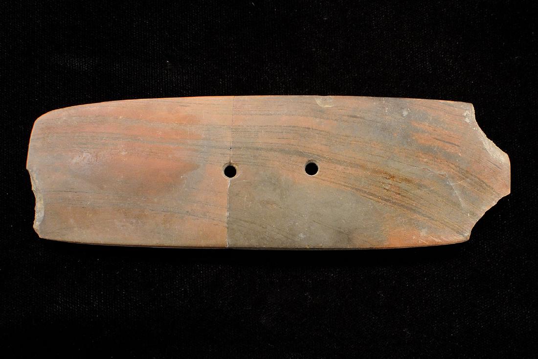 5 inches Red Slate Gorget, Kenton Co KY, Found by Gary: 5 inches Red Slate Gorget, Kenton Co KY, Found by Gary Brumfield, Broken / Glued, Thin