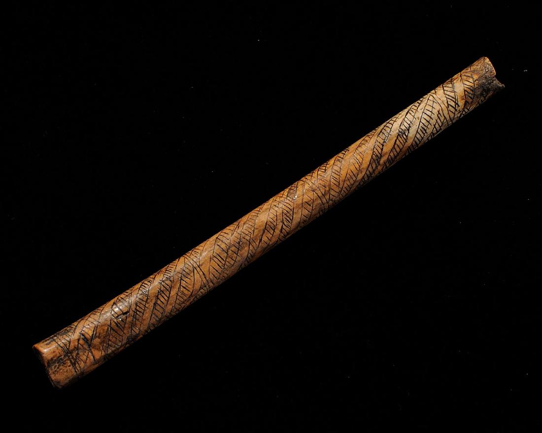 4.8 inches Engraved Bird Bone Ear Flute, Sacramento: 4.8 inches Engraved Bird Bone Ear Flute, Sacramento California, Ex Judge Claude Stone Collection, Found at the Nicholas Mound Site