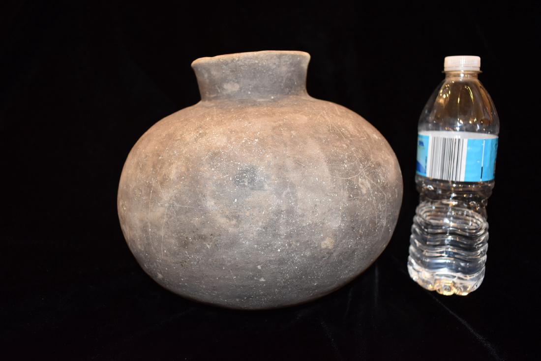 7.1/2" Tall 8" Dia Engraved Mississippian Water-bottle,: 7.1/2" Tall 8" Dia Engraved Mississippian Water-bottle, NE Arkansas, Engraved with human stick figures with bows and arrows