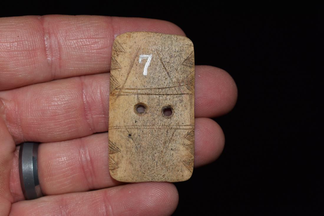 Highly Stylized Engraved Bone Gorget, Fine, Hardin: Highly Stylized Engraved Bone Gorget, Fine, Hardin Village, Greenup Co Kentucky, 1.15/16" x 1.1/8", Ex Dale and Betty Roberts Colleciton.