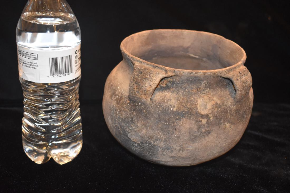 6 1/2" Dia. Decorated Strap handle Pottery Vessel, (1 of 7)