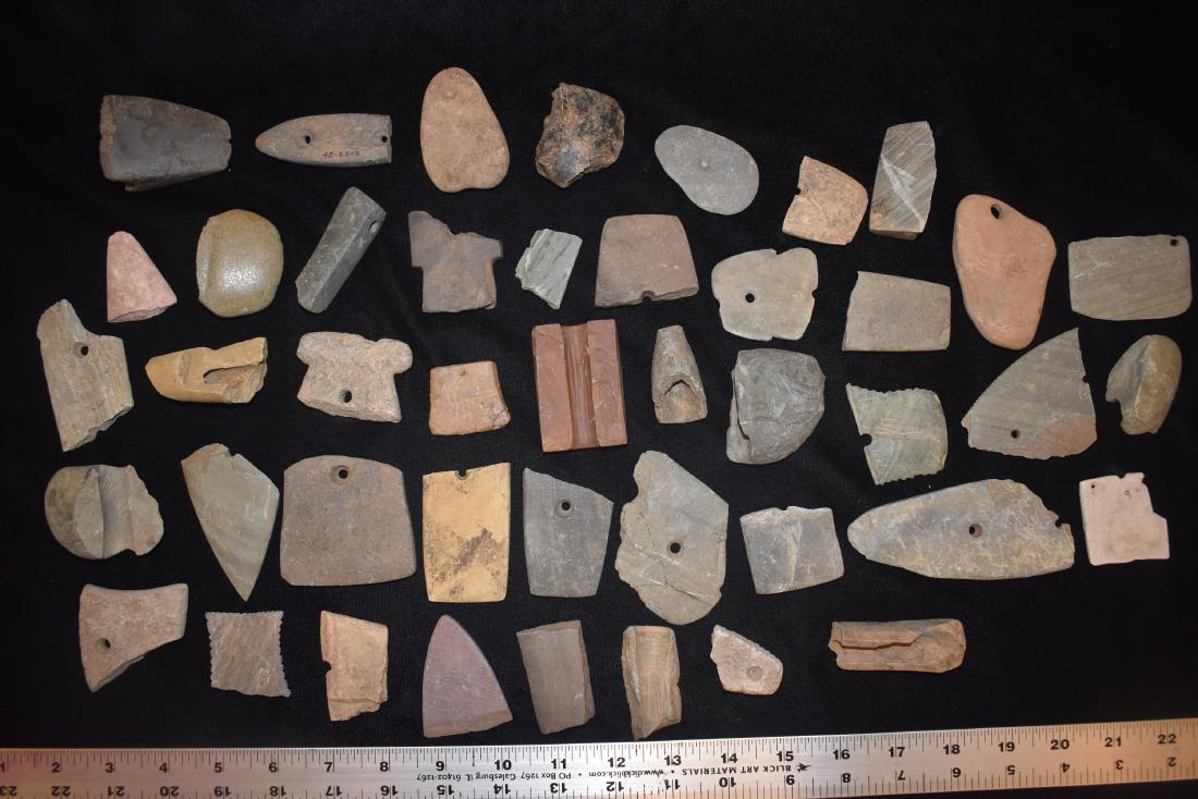 Lot of approximately 43 Broken Bannerstones, Gorgets,: Lot of approximately 43 Broken Bannerstones Gorgets Pendents and Birdstone, Great examples of early items, would be great to study or restore