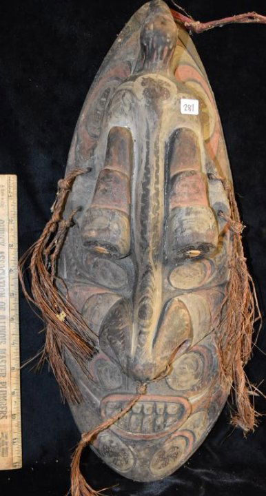 19 1/2" Tall Wooden African Mask, Crazy Paint, Shell (1 of 5)