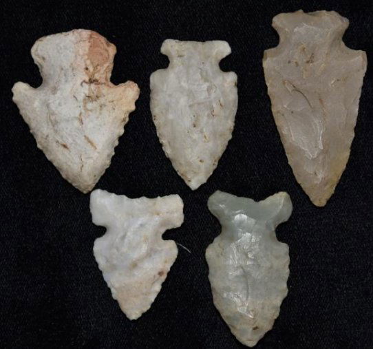 5 Arrowheads, found by Jack Baker, Wayne Co, IL (1 of 8)