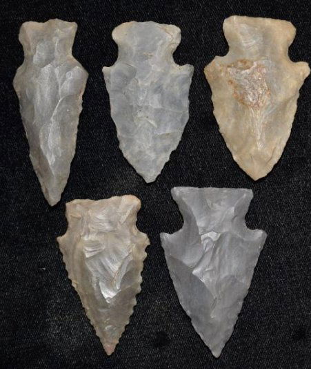 5 Arrowheads, found by Jack Baker, Wayne Co, IL (1 of 5)