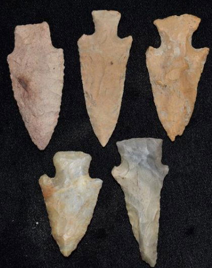 5 Arrowheads, found by Jack Baker, Wayne Co, IL (1 of 5)