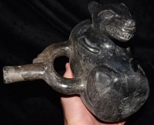 8 1/2" Tall, Chavin Dog Effigy Stirrup Bottle, Peru, (1 of 10)
