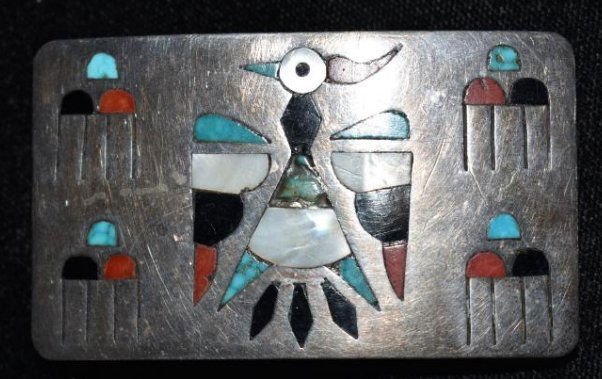 Nice Silver and Turquoise Zuni Belt Buckle, Signed (1 of 3)