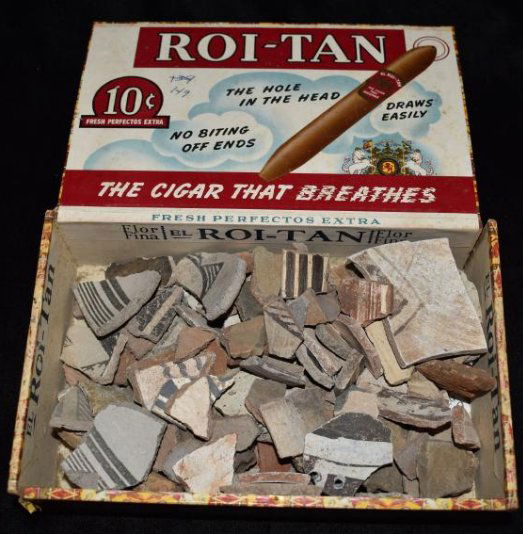Cigar box of SW Pottery Shards, collection of Wes and: Cigar box of SW Pottery Shards, collection of Wes and Mary Ingram, Freeburg, IL