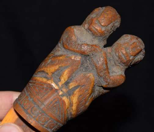 7" Pre Columbian Bone Gouge, Effigy of 2 Monkeys on the: 7” Pre Columbian Bone Gouge, Effigy of 2 Monkeys on the knife handle, Very fine, One of the Best, Ex Tom Browner,